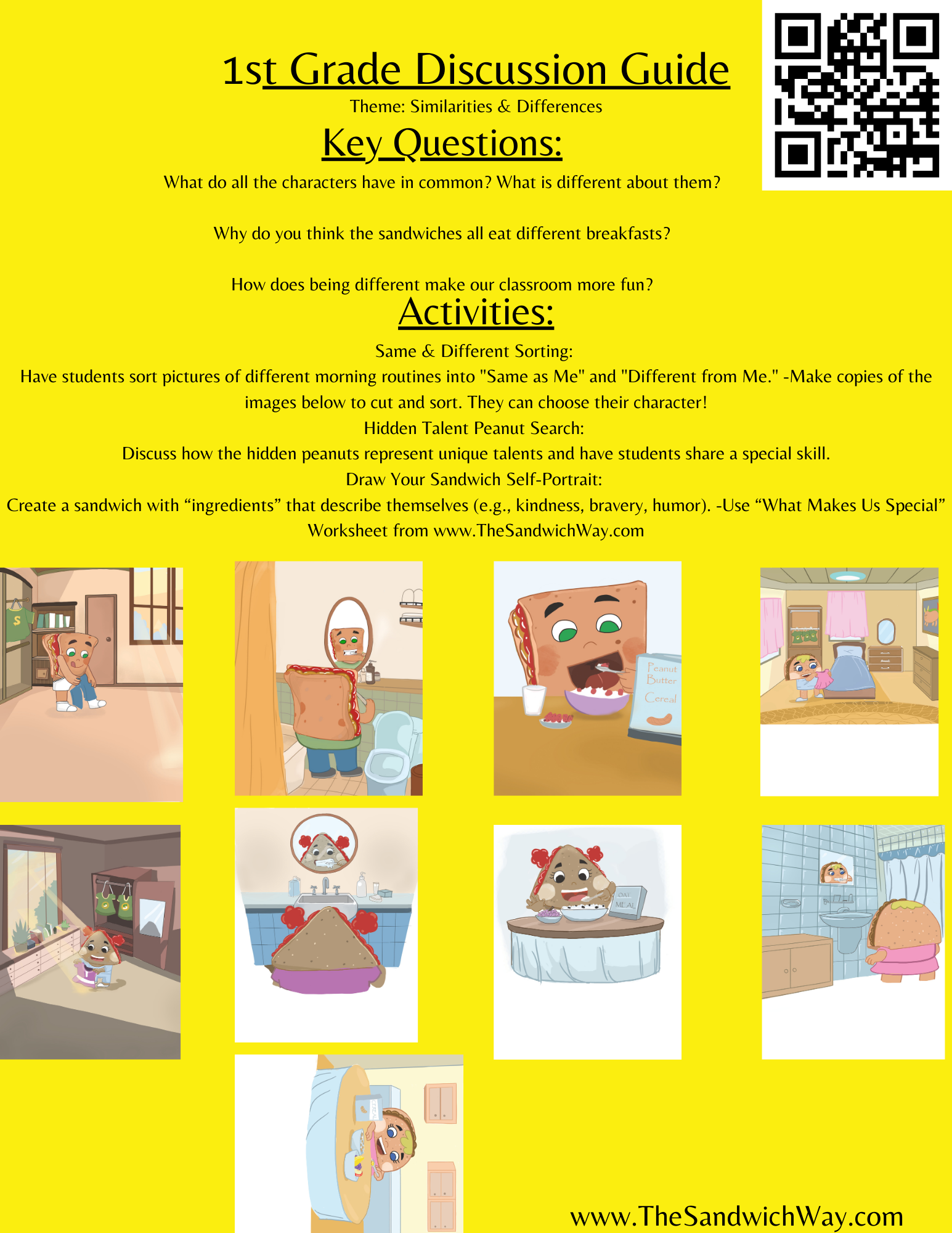 Engaging 1st-grade Discussion Guide worksheet from The Sandwich Way—journal prompts and activities helping young learners explore friendships, routines, and hidden talents.