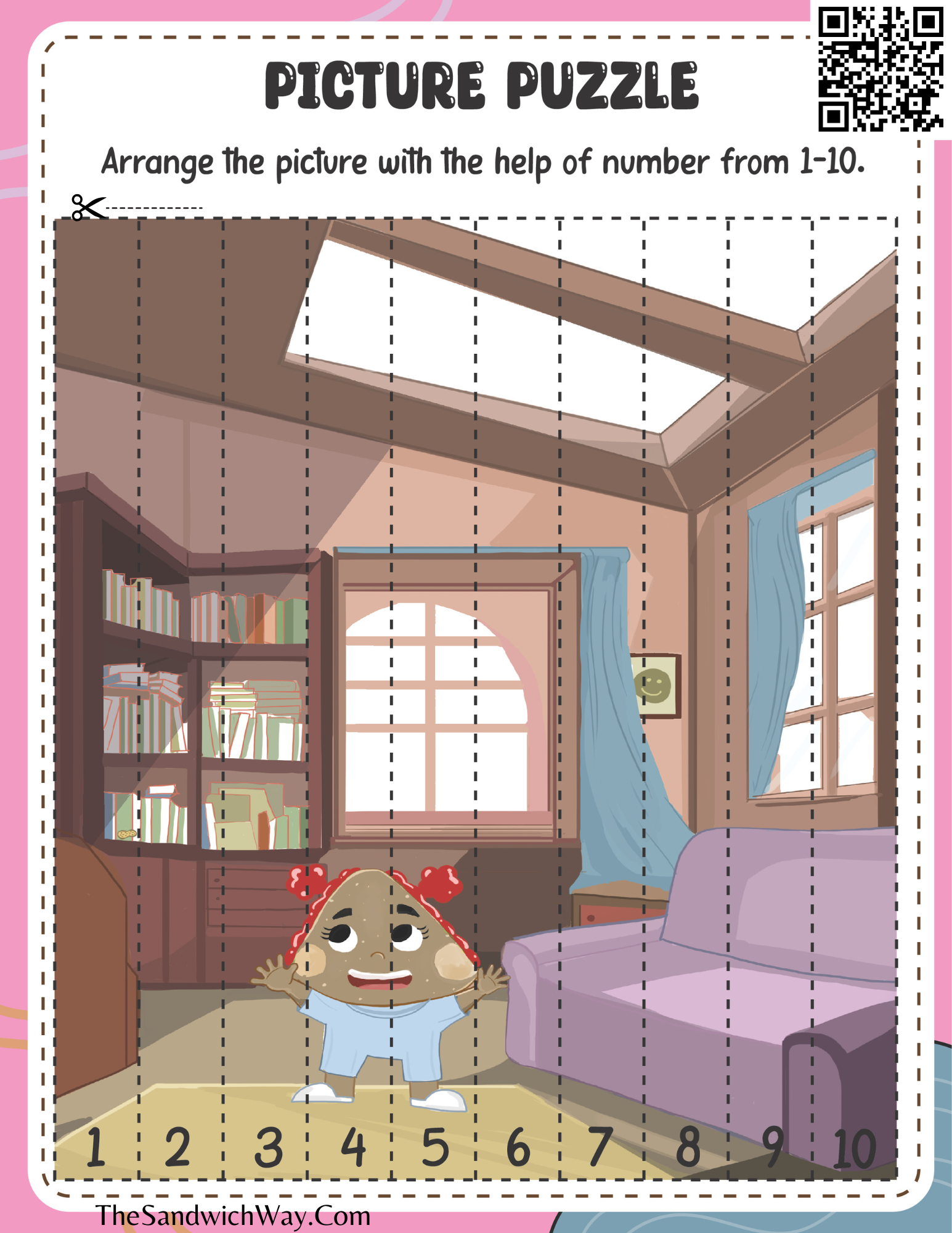 Kids' picture puzzle activity with a photo cut into numbered pieces for arranging in the correct order. Fun and educational for problem-solving and motor skill development.