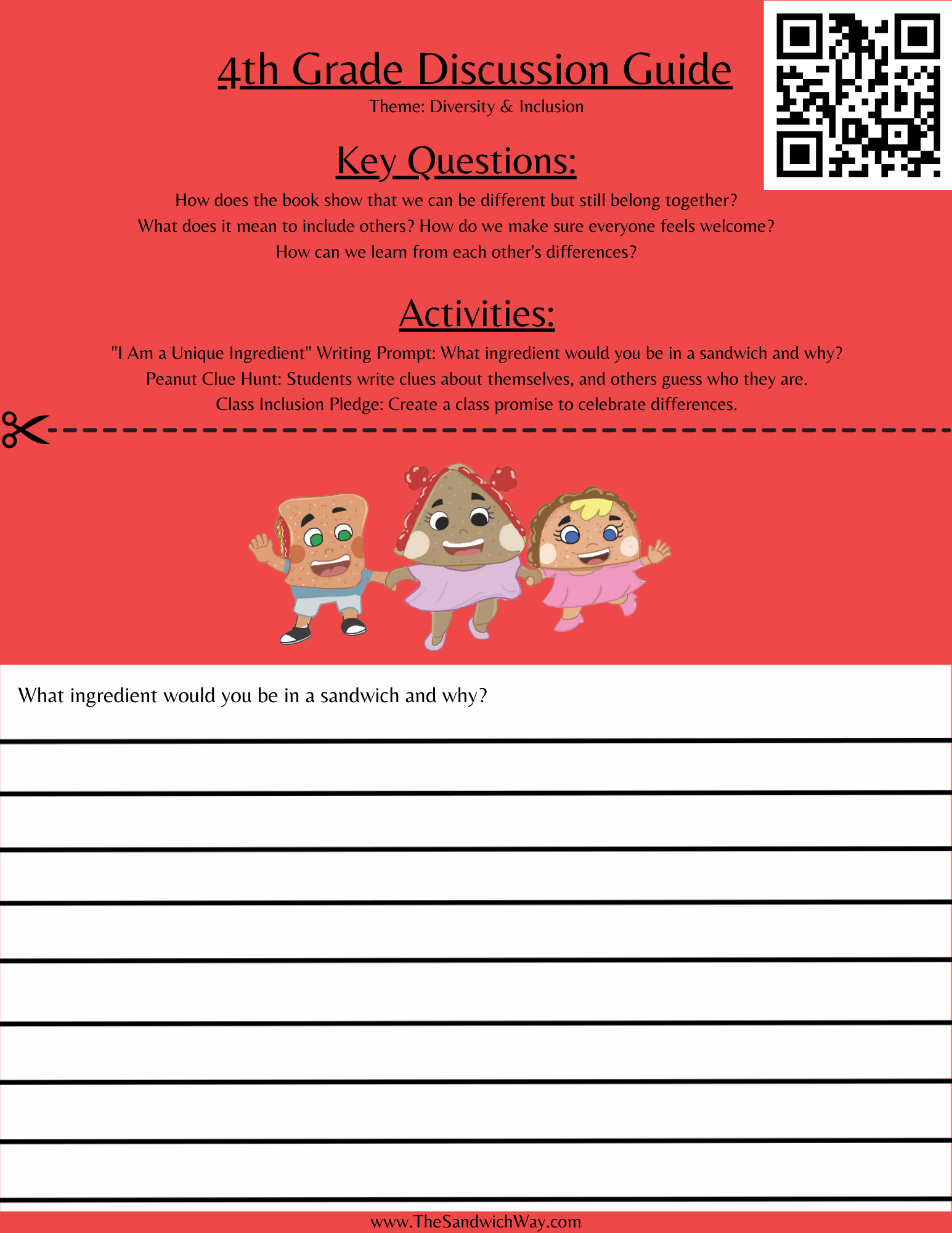 Thought-provoking 4th-grade worksheet for The Sandwich Way—guiding students in self-reflection, hidden talents, and meaningful discussions on uniqueness.