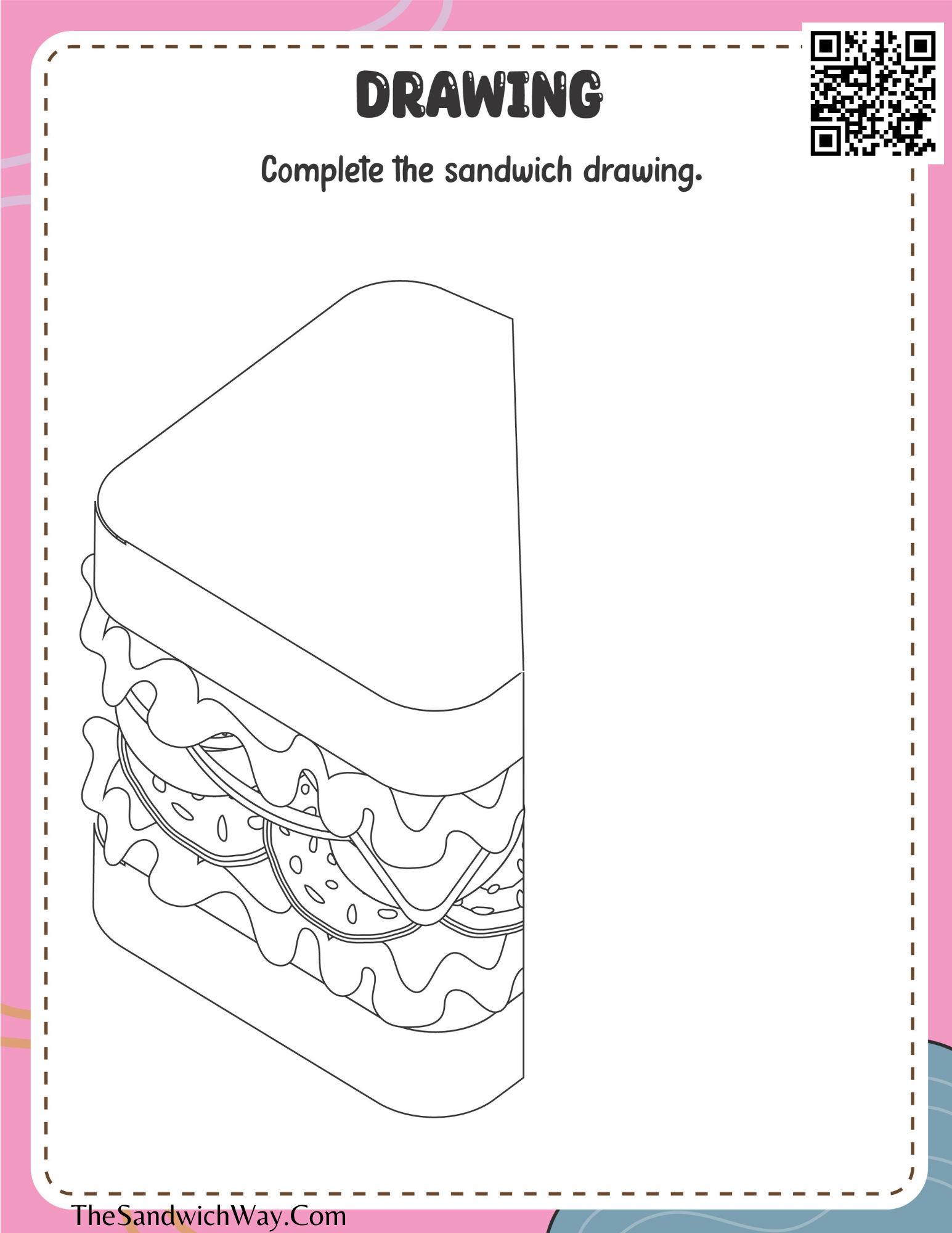 Free kids' worksheet where children complete the other half of a sandwich drawing, encouraging imagination, artistic skills, and critical thinking.