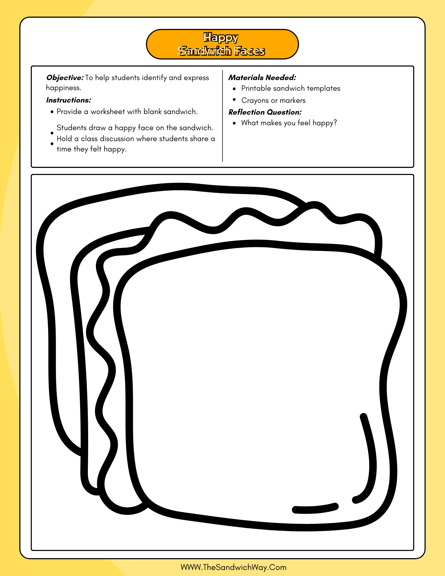 Kindergarten worksheet where kids draw happy faces on sandwich helping to learn emotional awareness.