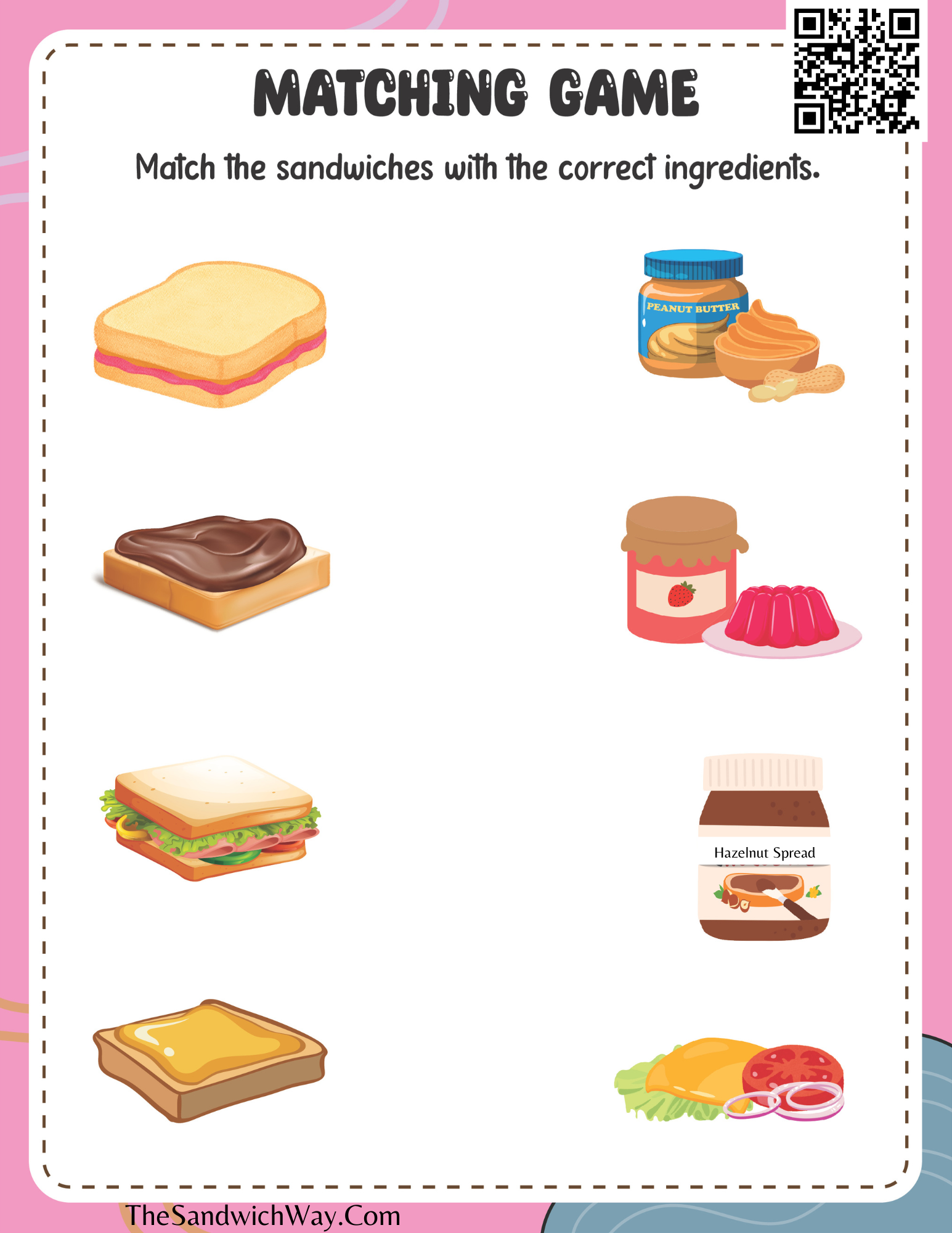 Kids' matching game worksheet featuring sandwiches and their ingredients. Educational activity for enhancing critical thinking and association skills through fun food-themed puzzles.