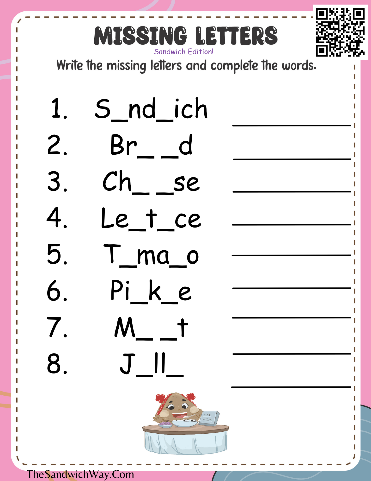 Free kids' worksheet where children fill in missing letters to complete sandwich-related words, promoting spelling and vocabulary development.