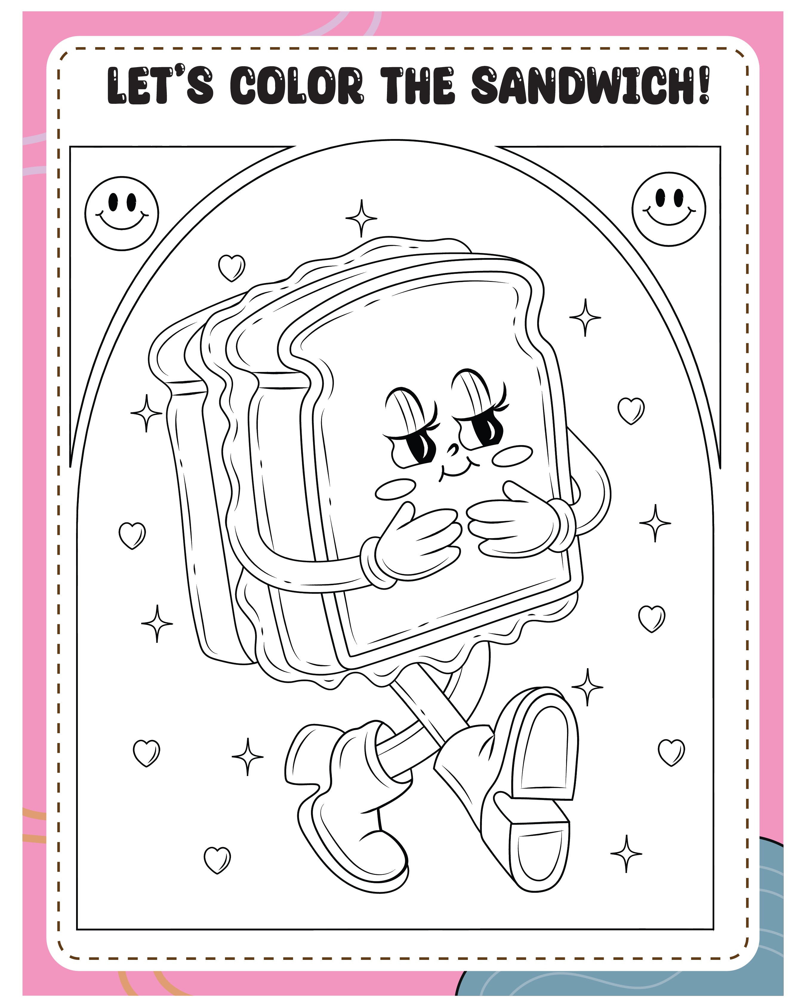 Free kids' coloring sheet of a fun sandwich character, perfect for encouraging creativity and artistic expression.