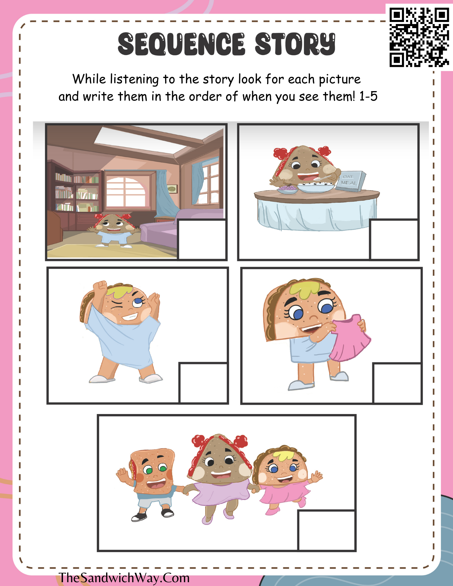 Free kids' sequencing worksheet featuring images from The Sandwich Way: First Day of School. Children recall and number events to boost comprehension and storytelling skills.