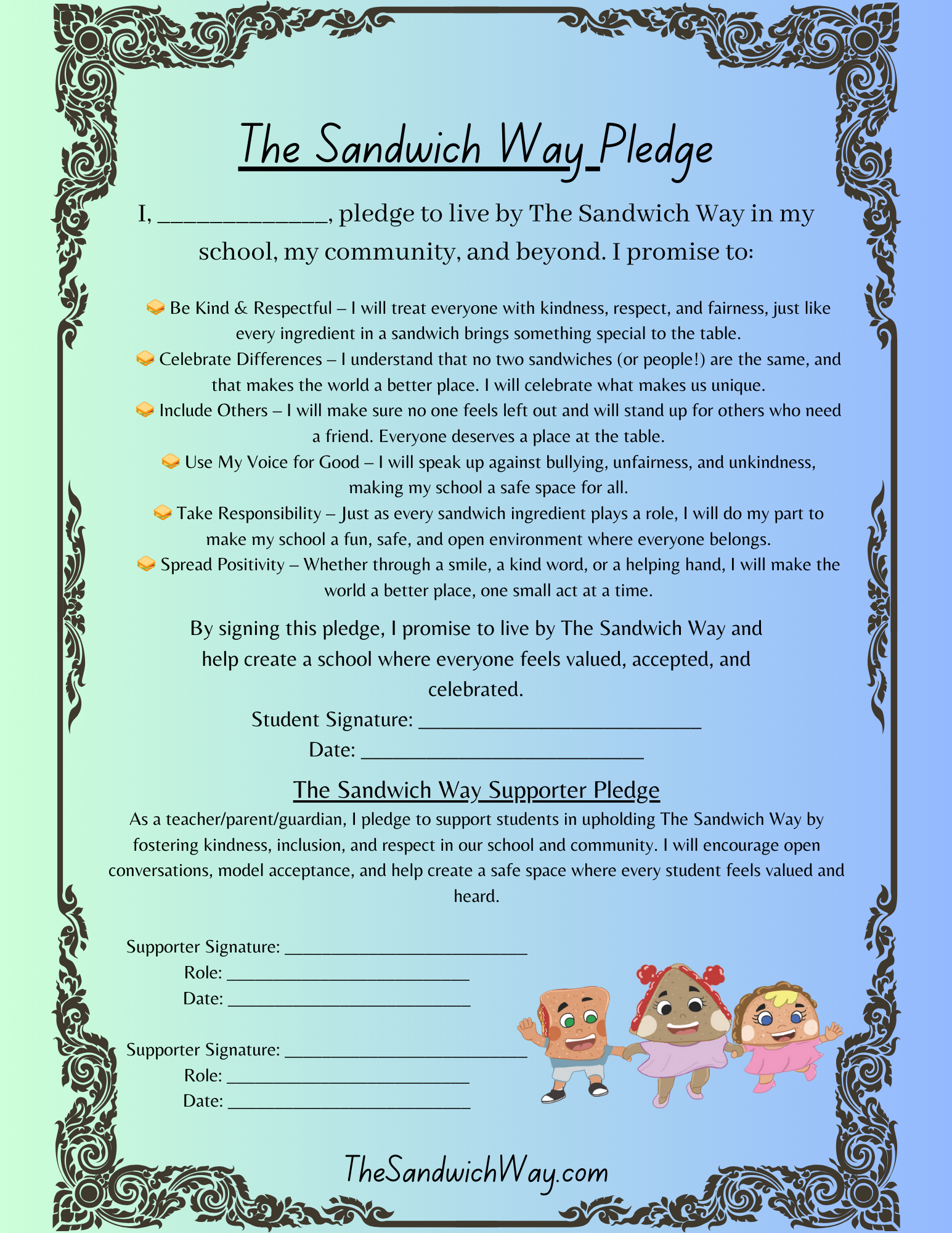 The Sandwich Way Pledge printable document with a colorful, engaging design. Includes a space for students, teachers, and parents to sign, committing to kindness, inclusion, and respect in their school community.