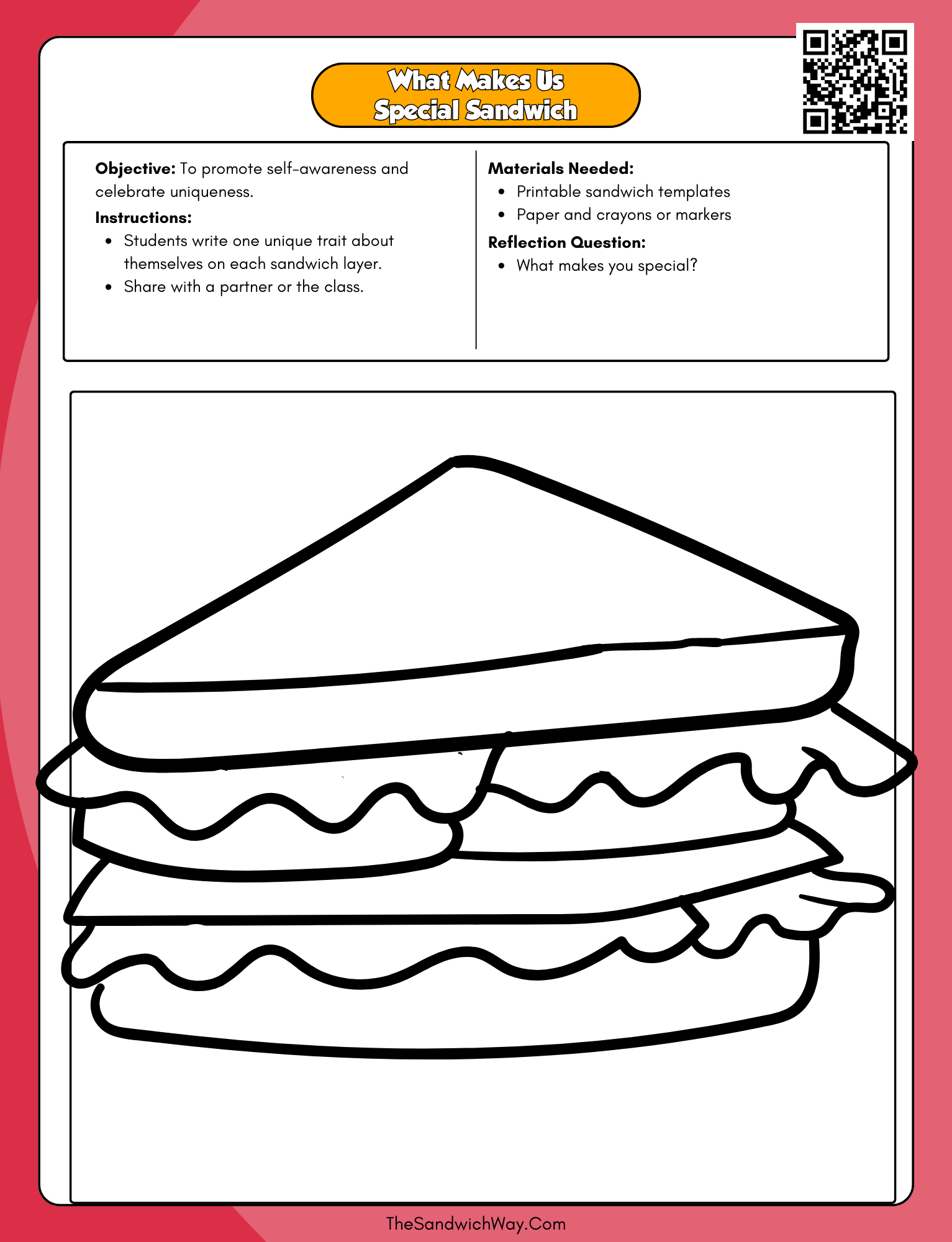 Second-grade worksheet encouraging kids to write unique traits on sandwich layers to celebrate individuality.