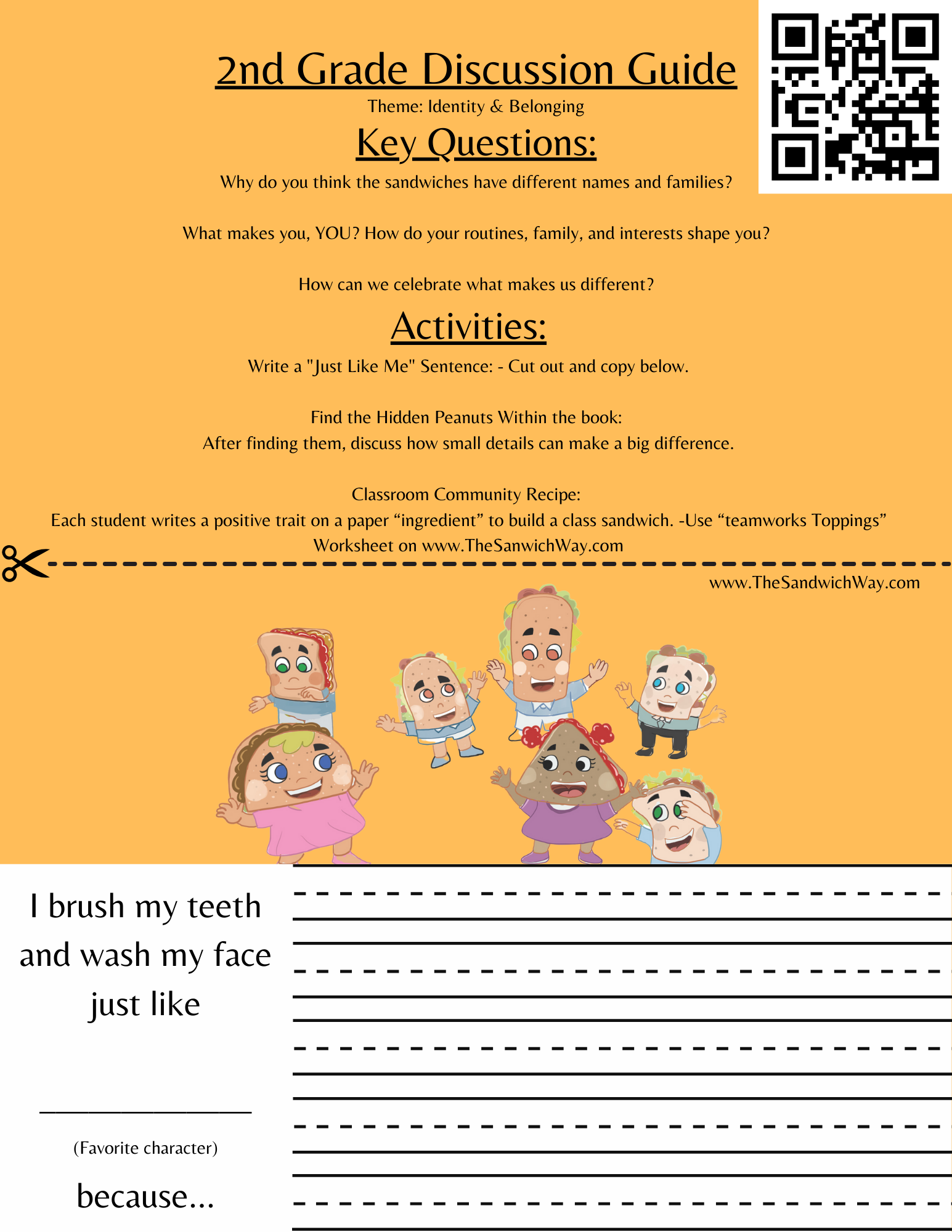Printable 2nd-grade Discussion Guide worksheet for The Sandwich Way—comparison activities and discussion questions fostering self-awareness and belonging.