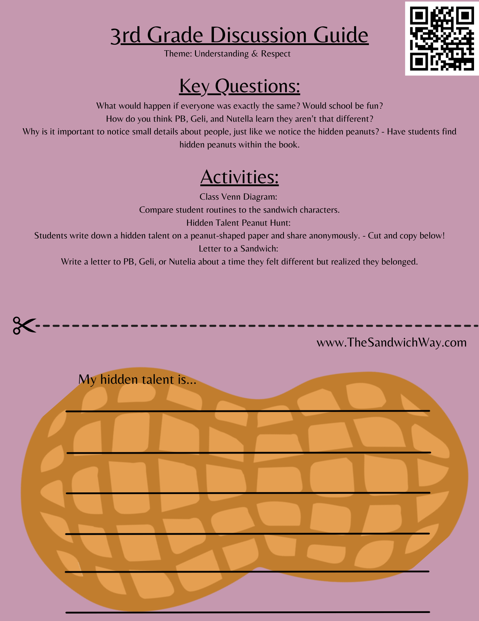 Creative 3rd-grade worksheet from The Sandwich Way—includes literacy-based questions and a 'Sandwich Self-Portrait' activity to explore identity and diversity.