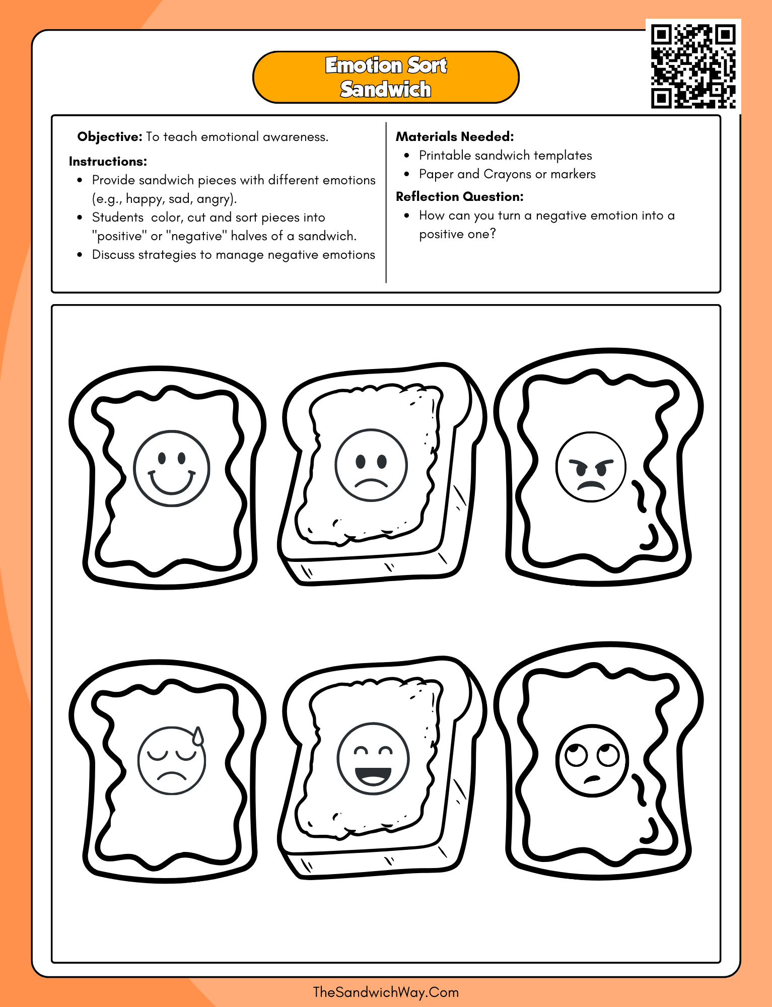 First-grade SEL worksheet sorting emotions into positive and negative sandwich halves for emotional understanding.