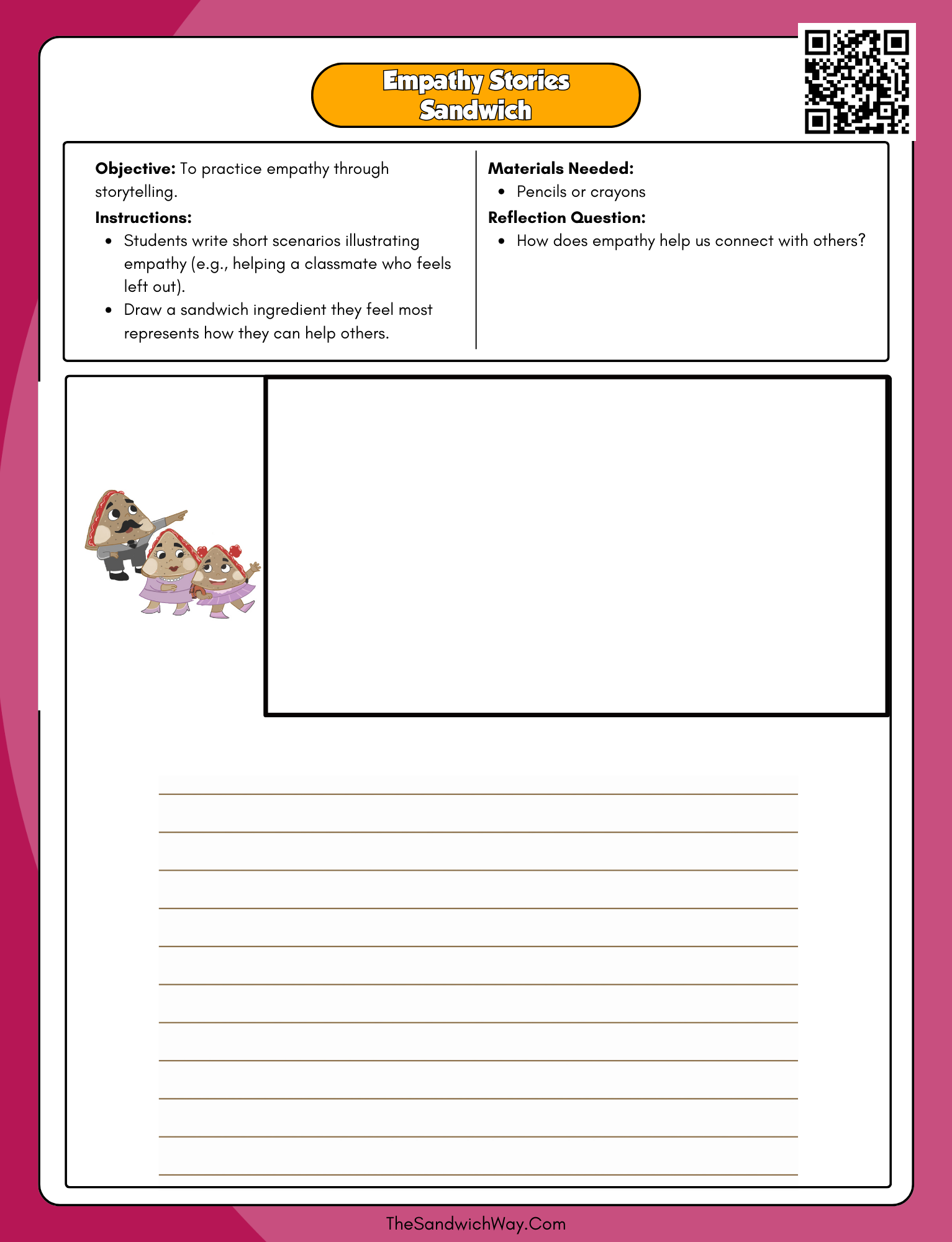 Fourth-grade SEL worksheet where students write empathy-based scenarios and illustrate helping others.