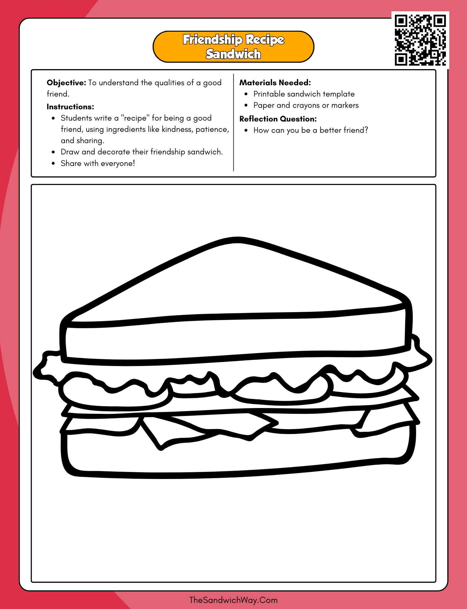 Second-grade worksheet where students list friendship qualities on sandwich ingredients for a visual recipe.
