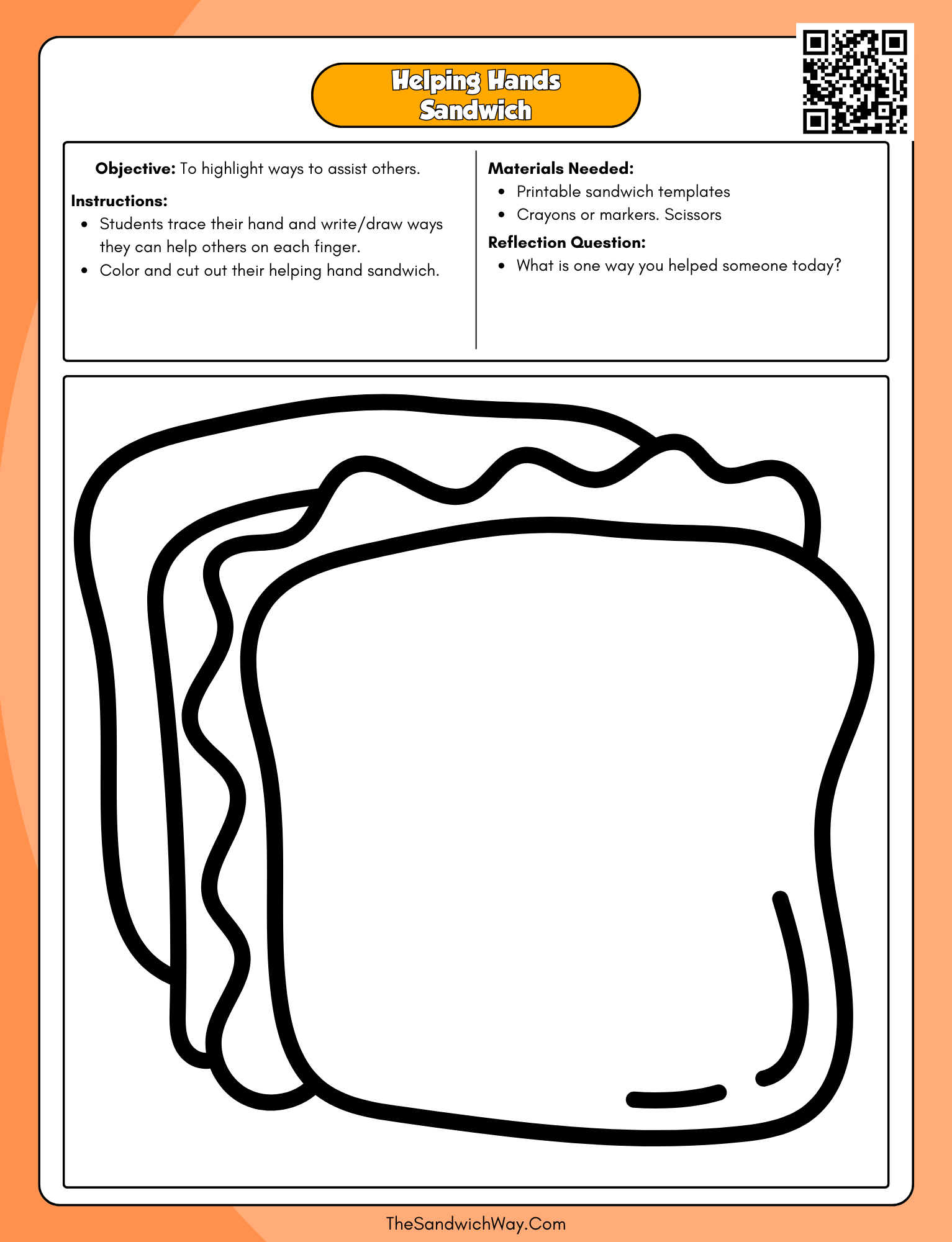 First-grade activity where students trace hands and write ways to help others, the way our hands hold together a sandwich template.