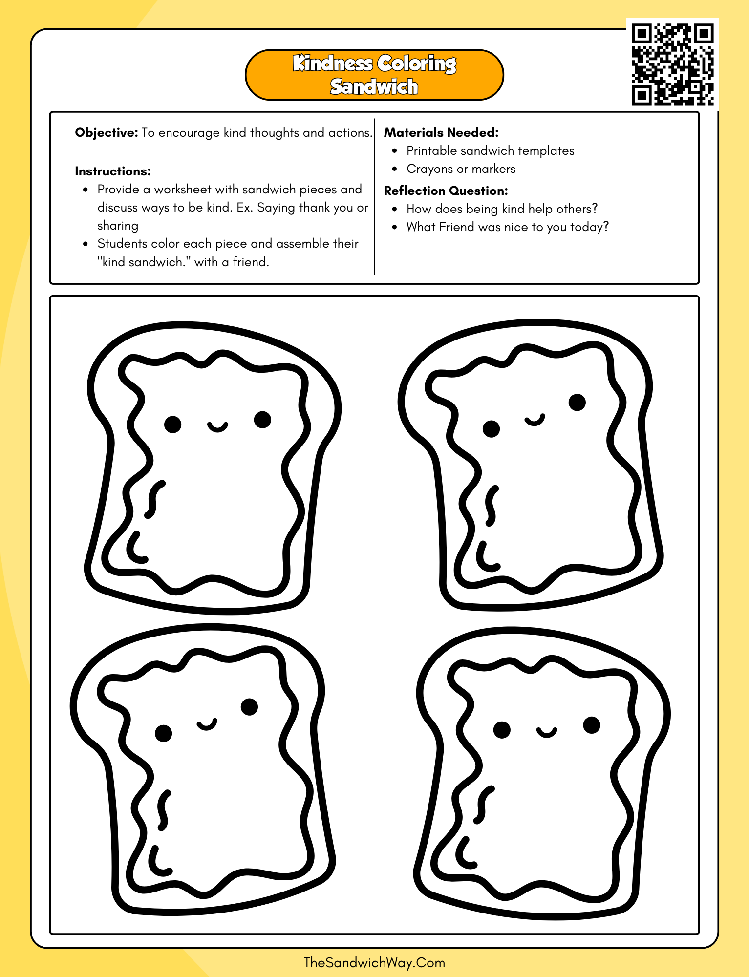 Kindergarten kindness coloring activity with sandwich pieces promoting empathy and positive behavior.