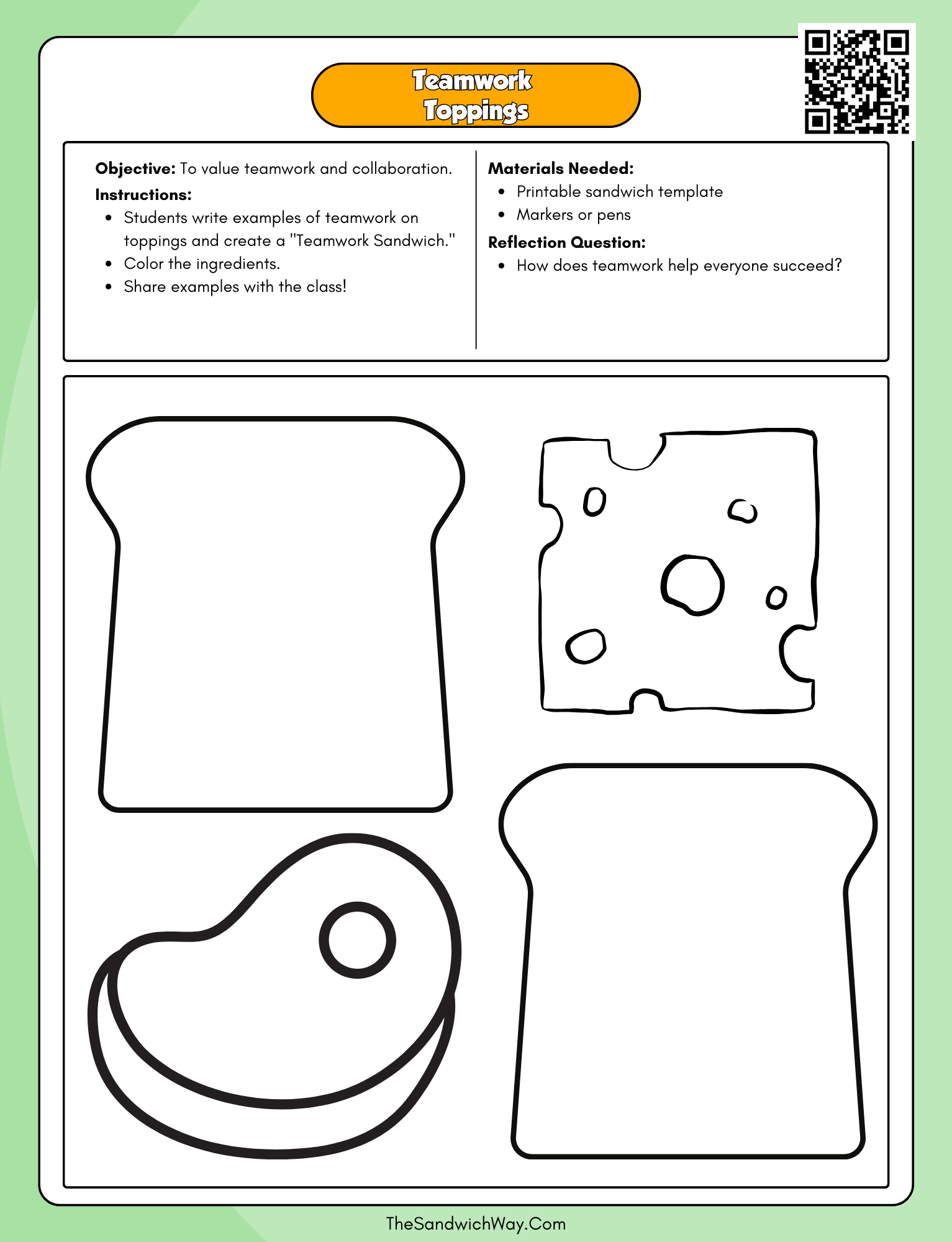 Third-grade SEL worksheet writing examples of teamwork on sandwich toppings to foster collaboration.